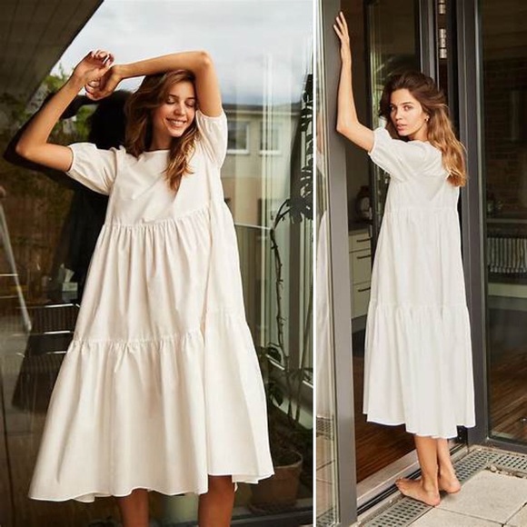 Aritzia Wilfred Rengo Dress Puff Cap Sleeve Tiered Cotton Black Maxi Midi Boho S - Picture 2 of 14